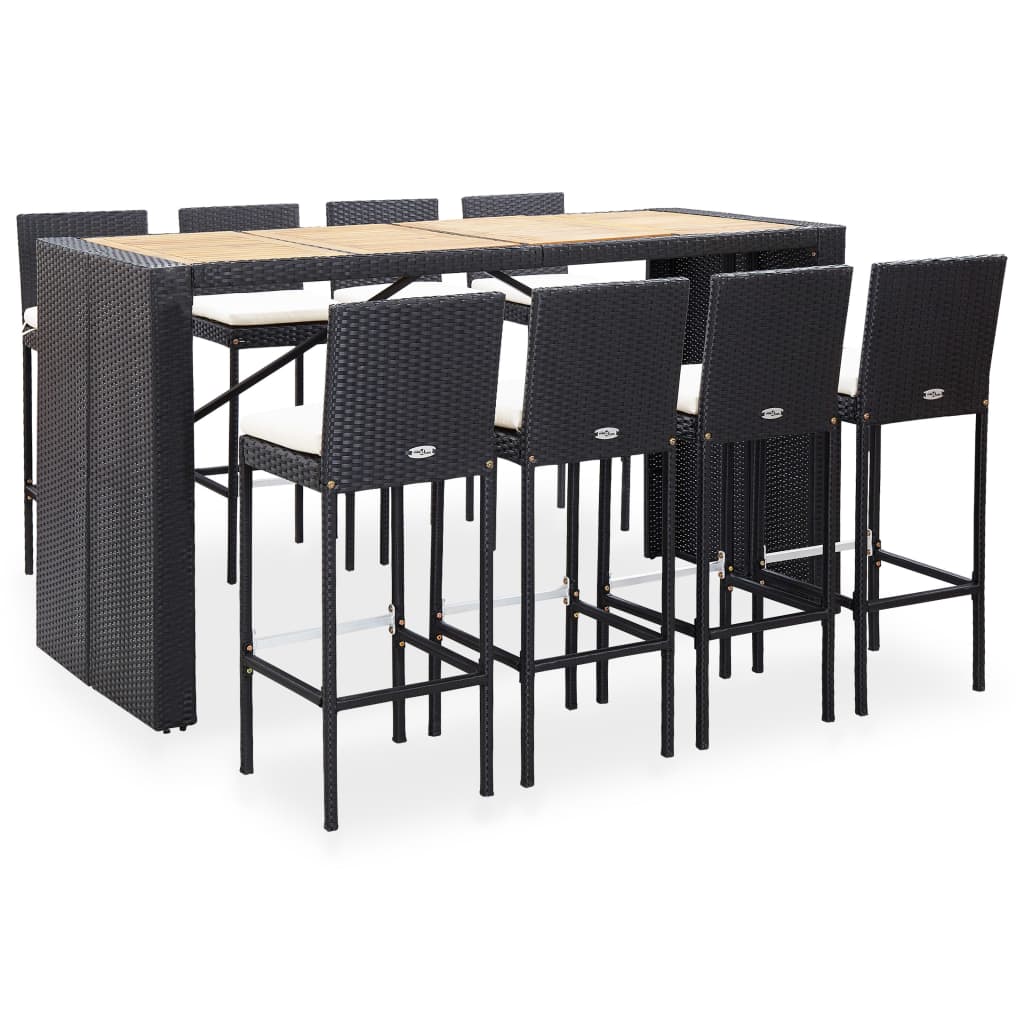 9 Piece Outdoor Bar Set Poly Rattan and Wood Acacia Black