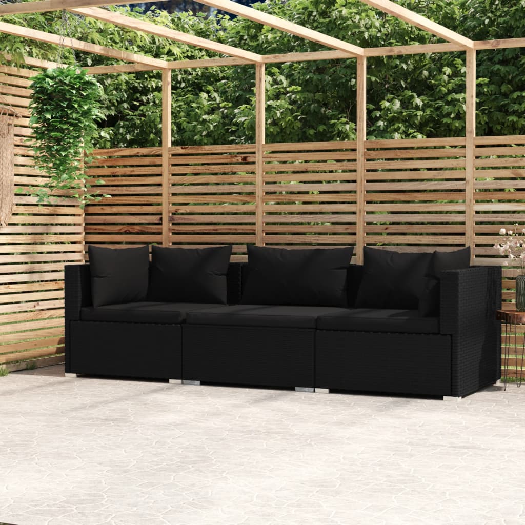 3-Seater Sofa with Cushions Grey Poly Rattan