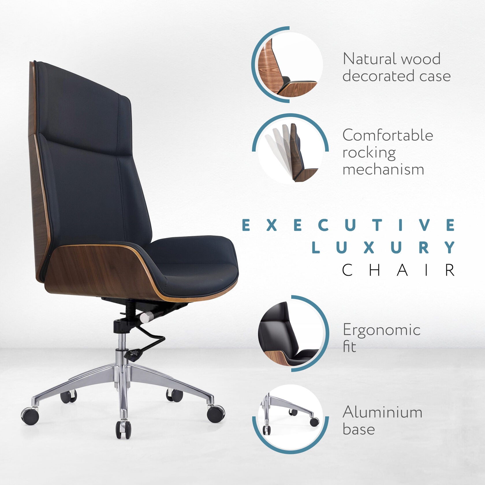 Skyland Premium Design Executive Chair - Ergonomic High-Back Office Chair with Natural Wood Case, Comfortable Seat, PU Leather, and Aluminum Base