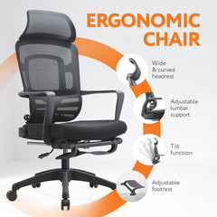 Skyland Ergonomic High-Back Office Desk Chair - Lumbar Support, Breathable Mesh Back, Headrest, Armrests, Adjustable Reclining, Retractable Footrest