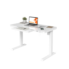 Skyland Electric Height Adjustable Desk - Sit-Stand Workstation with Drawer, Wireless Charging, Tempered Glass, Memory Control, Child Lock, Dual USB and Type-C Ports - White Home Office Desk
