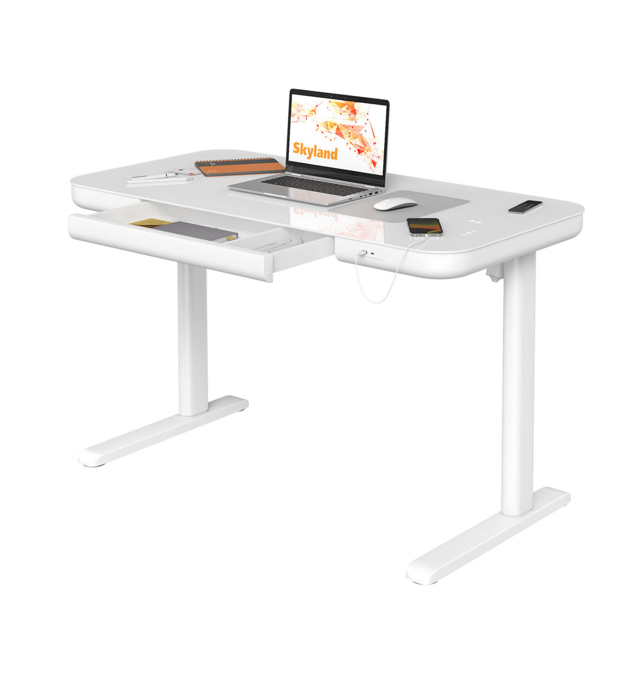 Skyland Electric Height Adjustable Standing Desk - Ergonomic Sit-Stand Desk with Drawer, Wireless Charging, USB & Type-C Ports, Cable Management - White Home Office Workstation