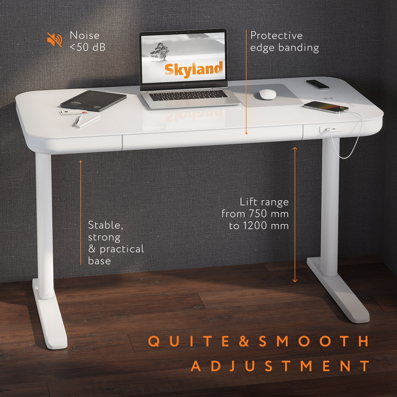 Skyland Electric Height Adjustable Standing Desk - Ergonomic Sit-Stand Desk with Drawer, Wireless Charging, USB & Type-C Ports, Cable Management - White Home Office Workstation