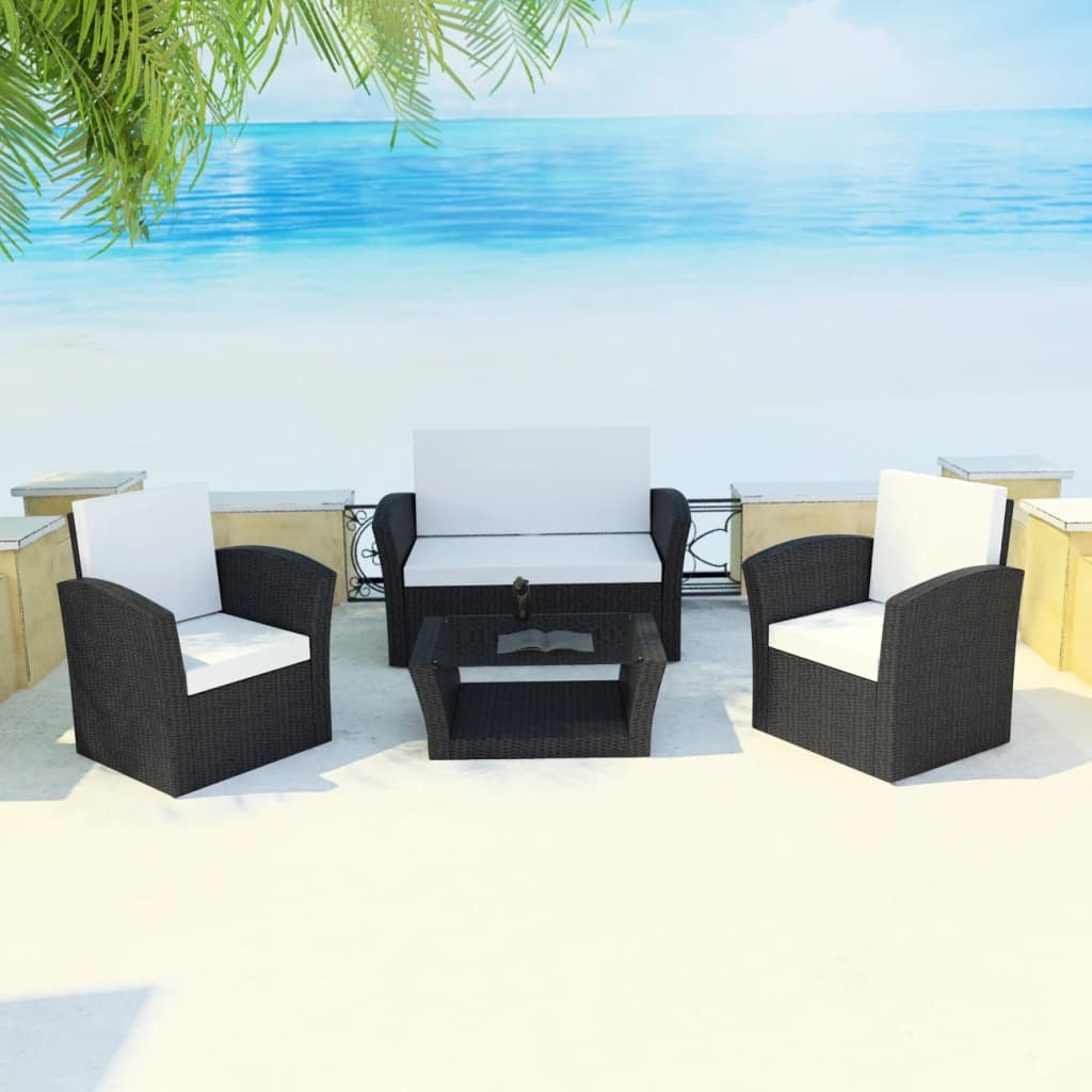 vidaXL 4 Piece Garden Lounge set with Cushions Poly Rattan Black