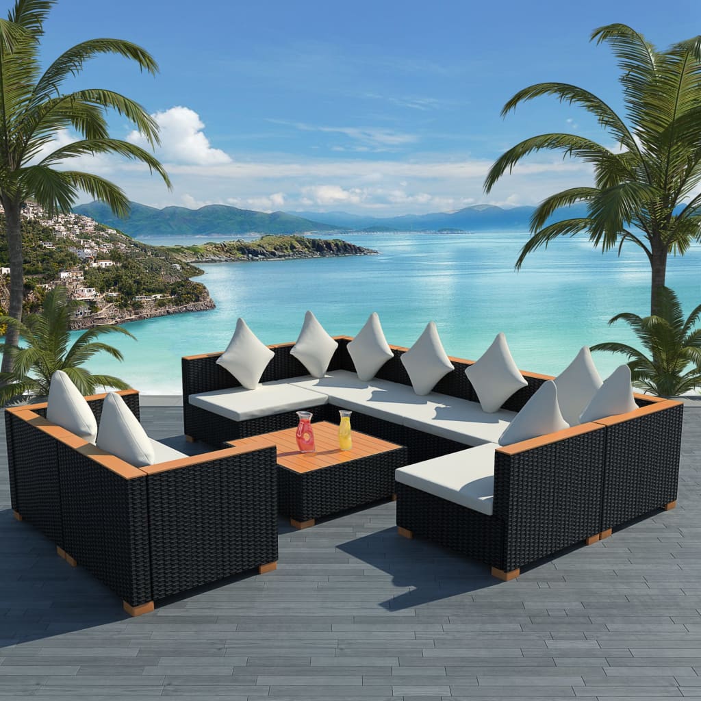 vidaXL 9 Piece Garden Lounge Set with Cushions Poly Rattan Black