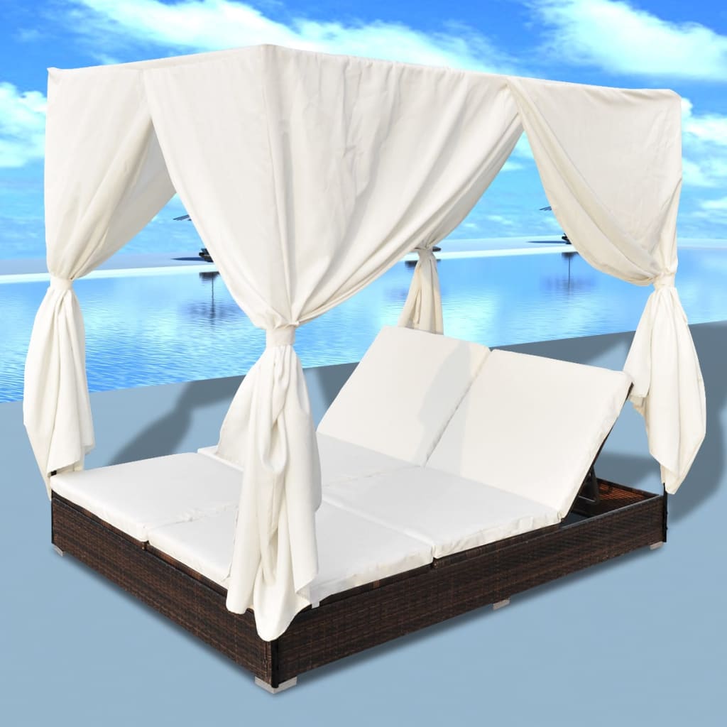 vidaXL Outdoor Lounge Bed with Curtains Poly Rattan Black