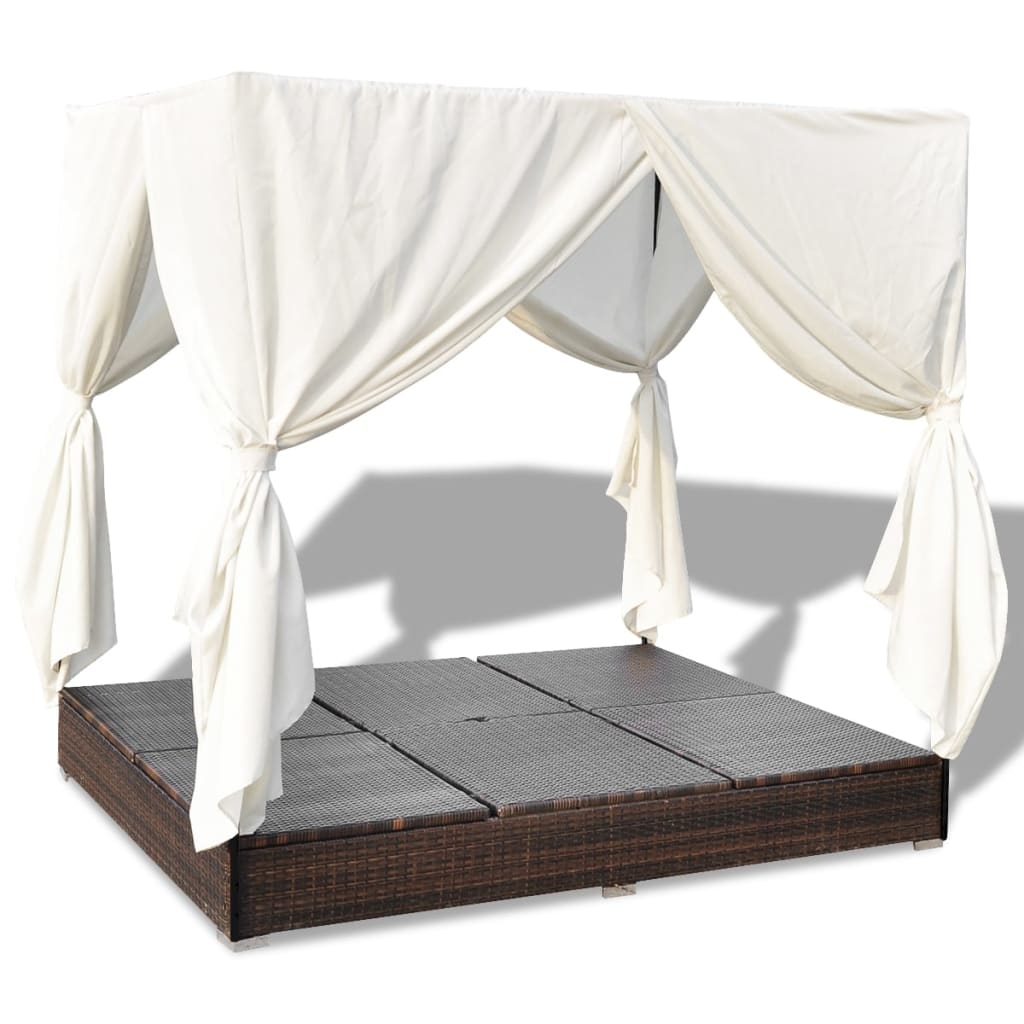 vidaXL Outdoor Lounge Bed with Curtains Poly Rattan Black