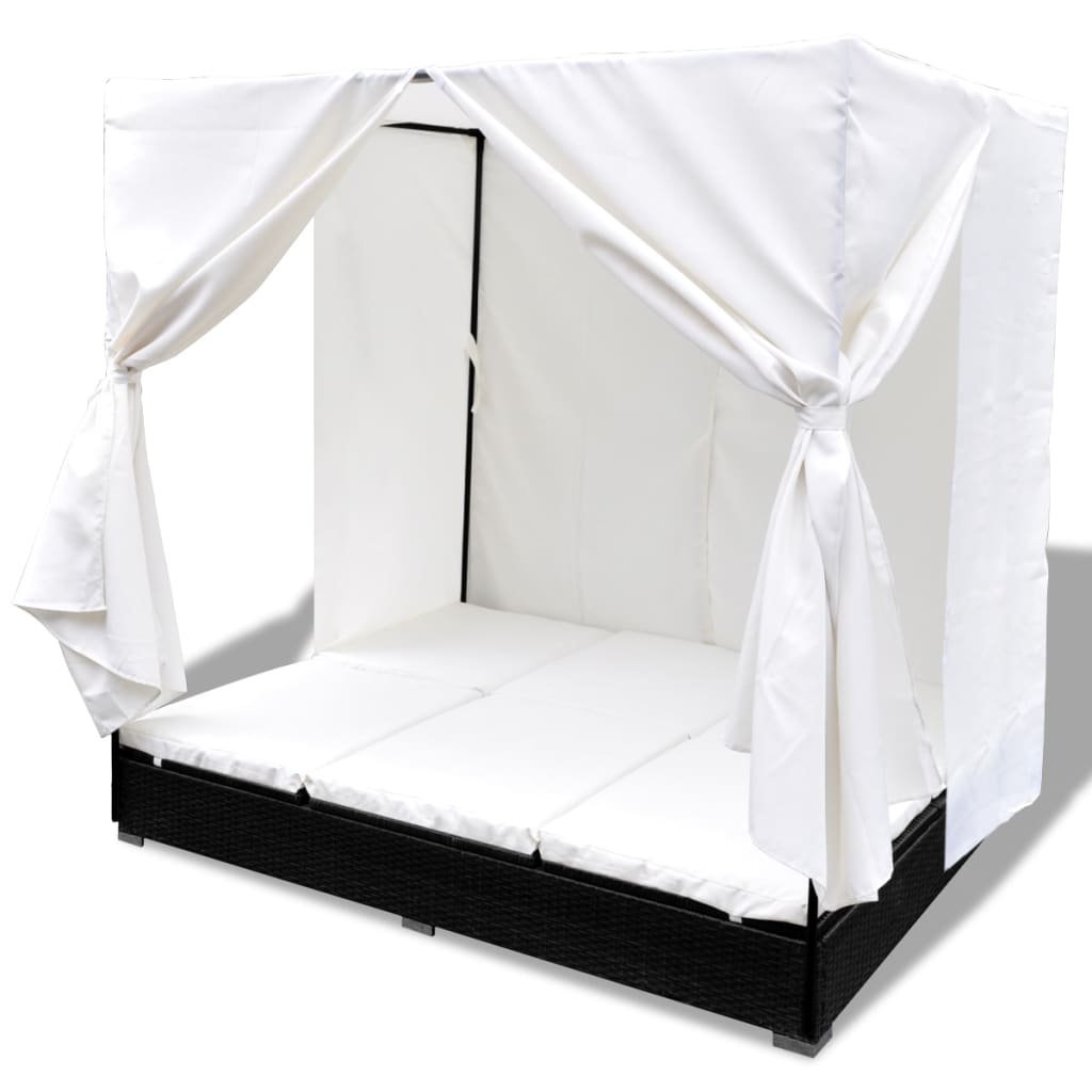 vidaXL Outdoor Lounge Bed with Curtains Poly Rattan Black