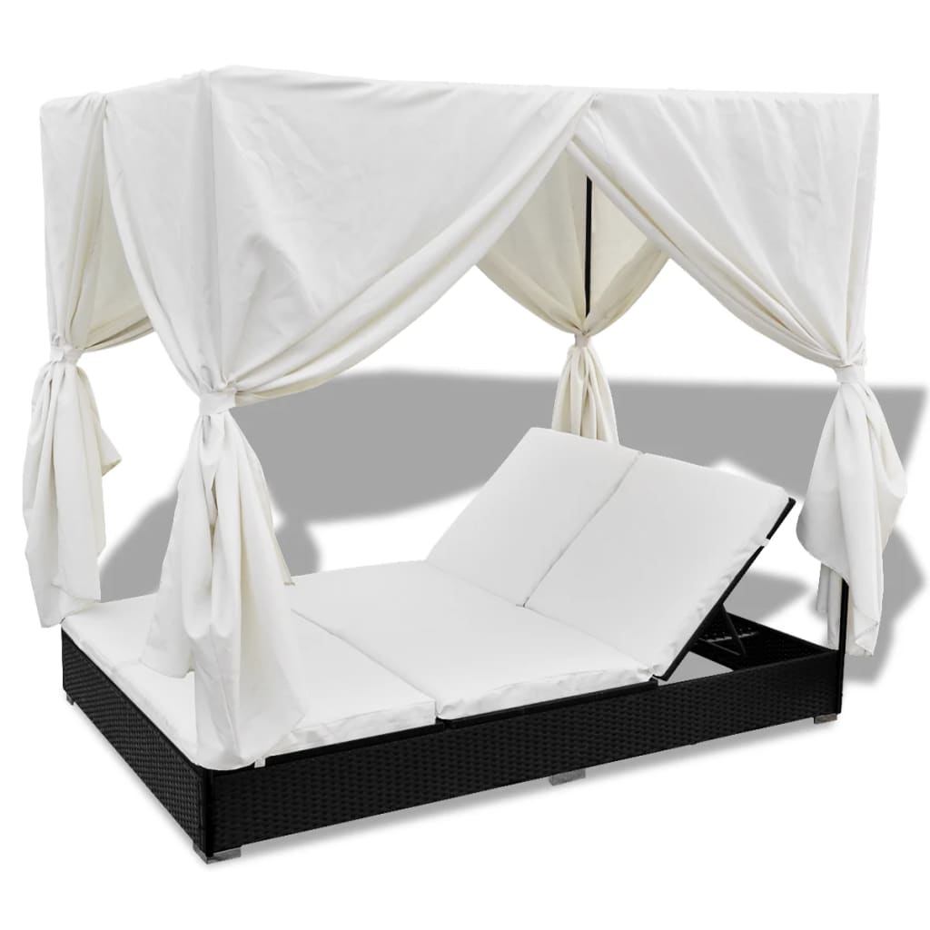 vidaXL Outdoor Lounge Bed with Curtains Poly Rattan Black