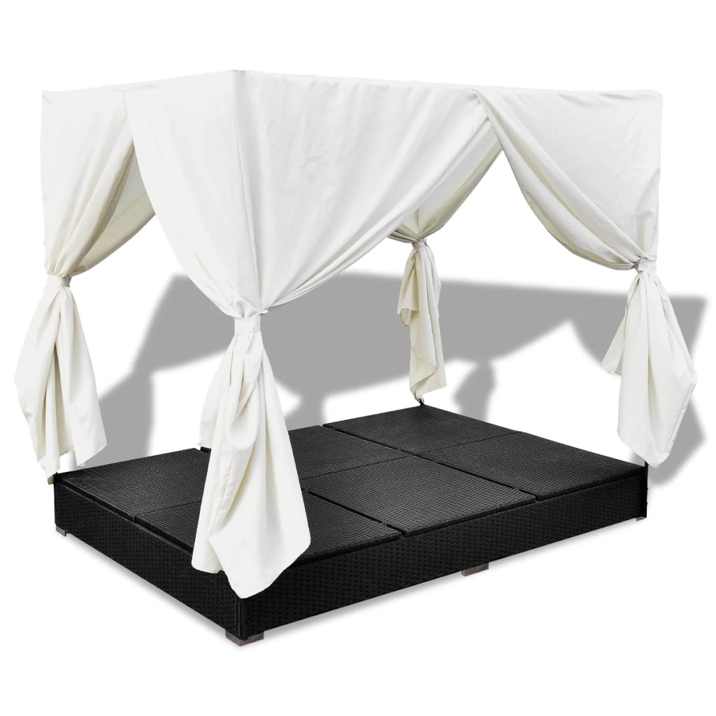 vidaXL Outdoor Lounge Bed with Curtains Poly Rattan Black