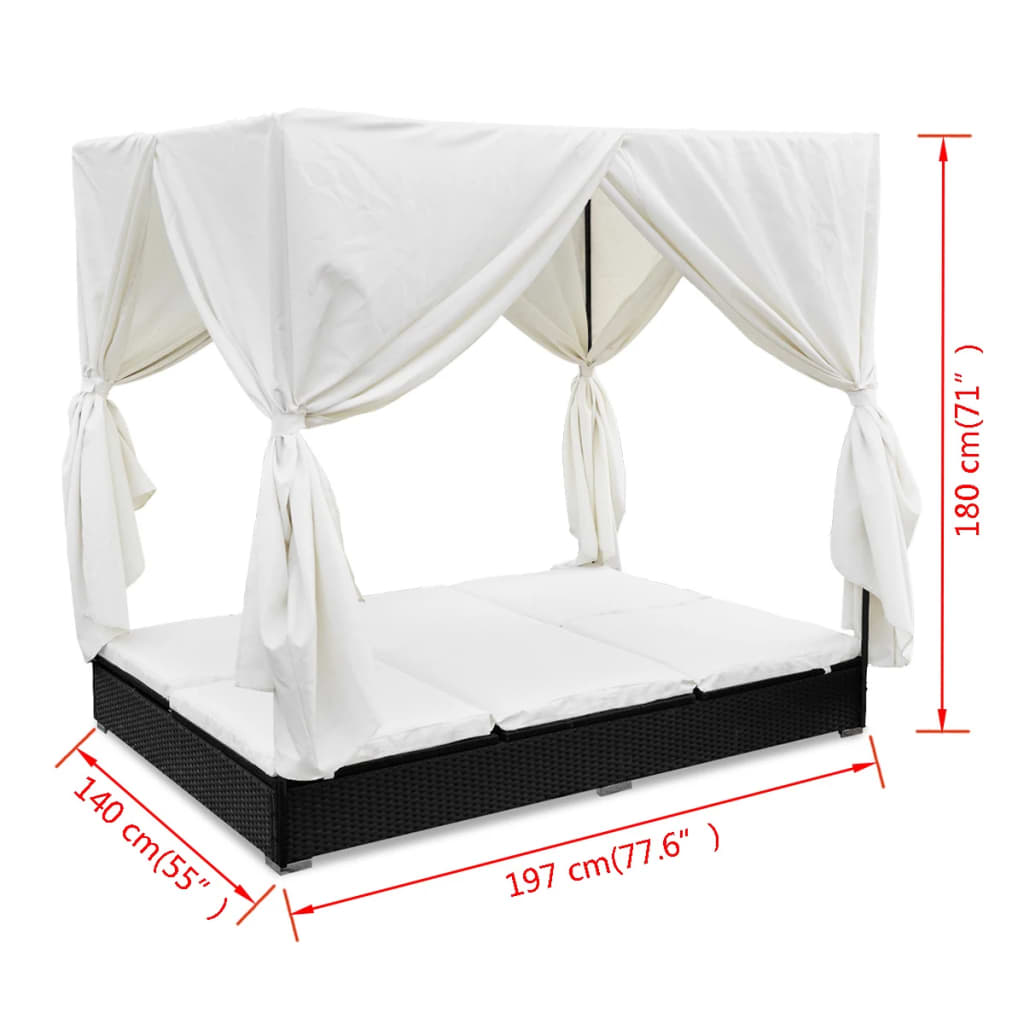 vidaXL Outdoor Lounge Bed with Curtains Poly Rattan Black