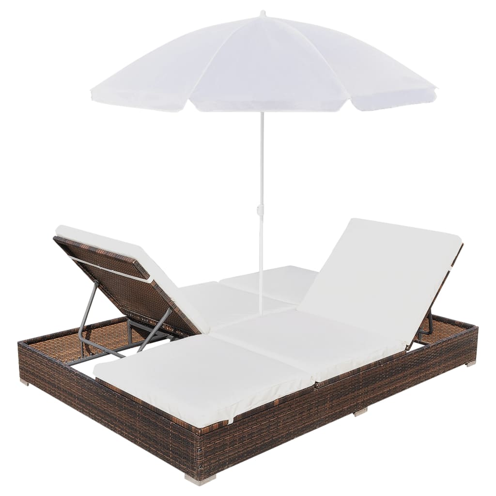 vidaXL Outdoor Lounge Bed with Umbrella Poly Rattan Black