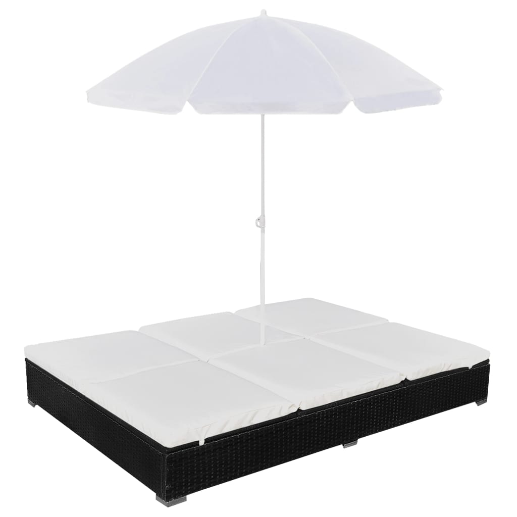 vidaXL Outdoor Lounge Bed with Umbrella Poly Rattan Brown