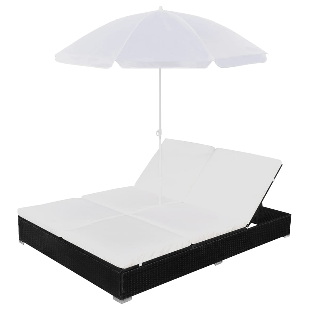 vidaXL Outdoor Lounge Bed with Umbrella Poly Rattan Black