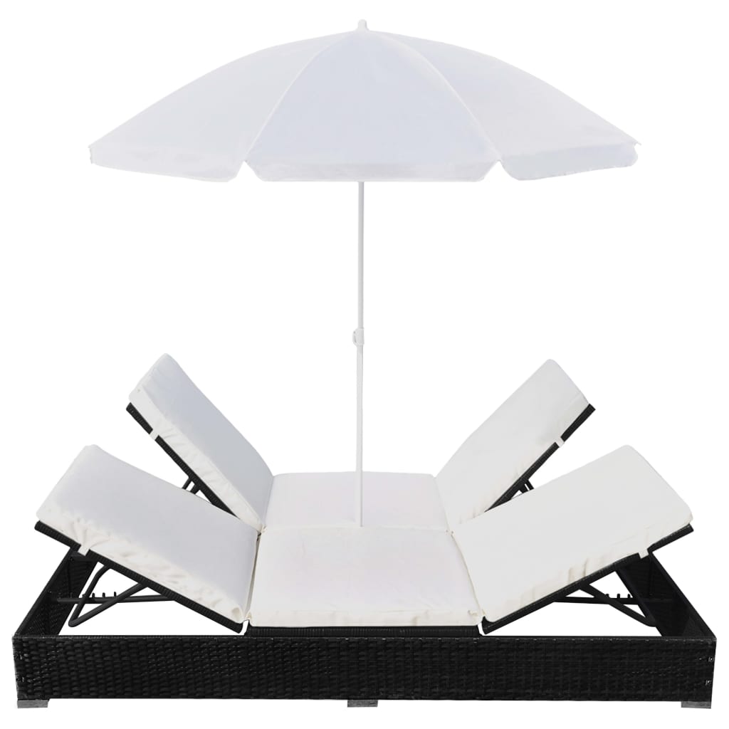 vidaXL Outdoor Lounge Bed with Umbrella Poly Rattan Black