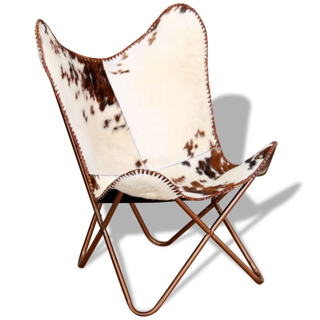 vidaXL Butterfly Chair Brown and White Real Cowhide Leather