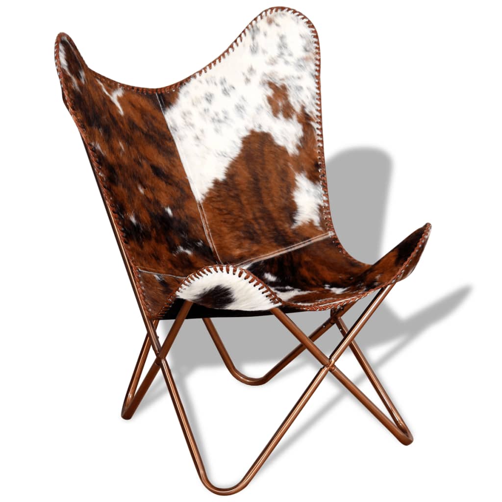 vidaXL Butterfly Chair Brown and White Real Cowhide Leather