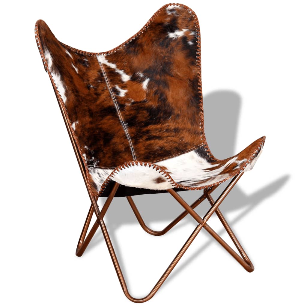 vidaXL Butterfly Chair Brown and White Real Cowhide Leather