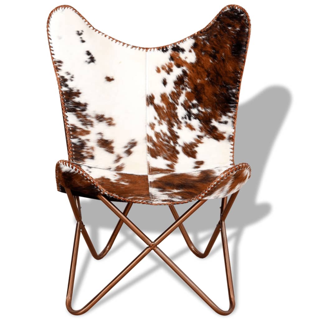 vidaXL Butterfly Chair Brown and White Real Cowhide Leather