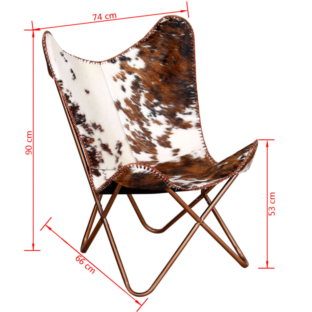 vidaXL Butterfly Chair Brown and White Real Cowhide Leather