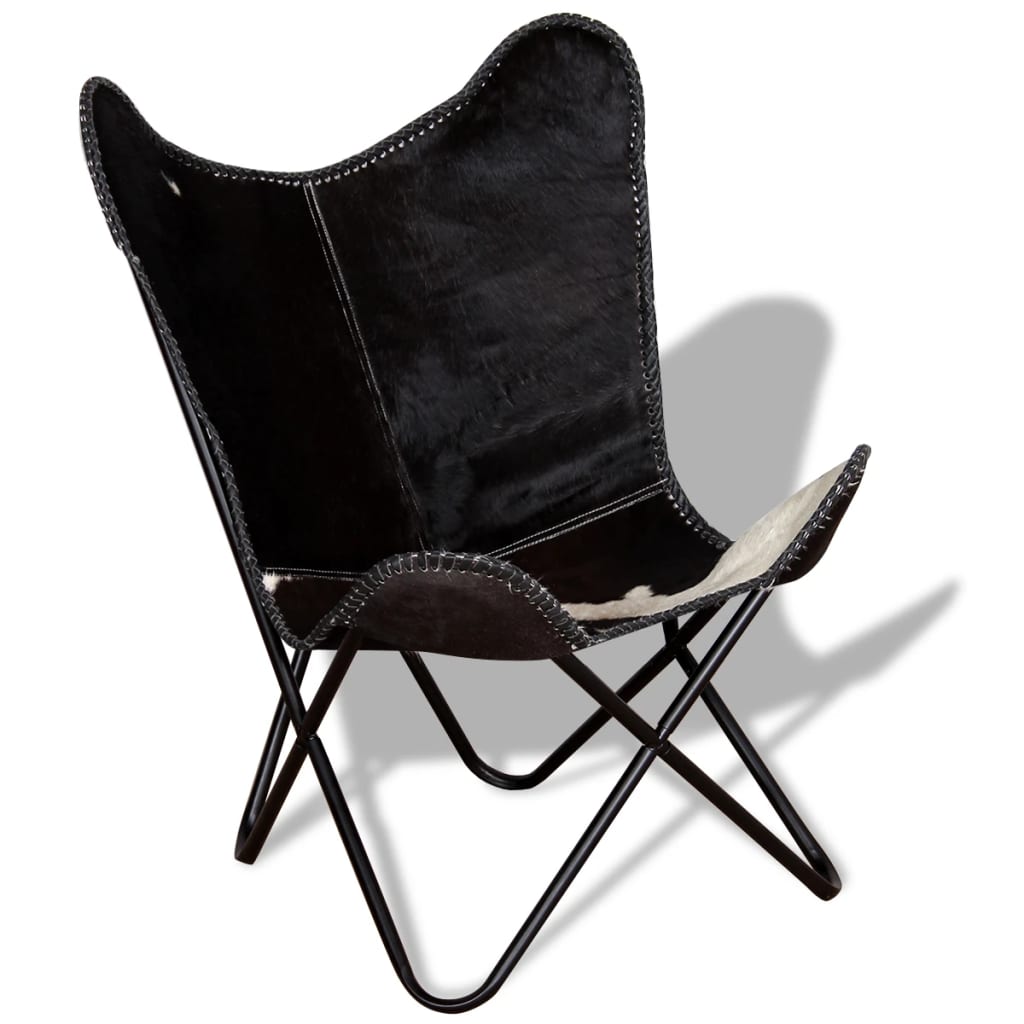 vidaXL Butterfly Chair Black and White Real Cowhide Leather