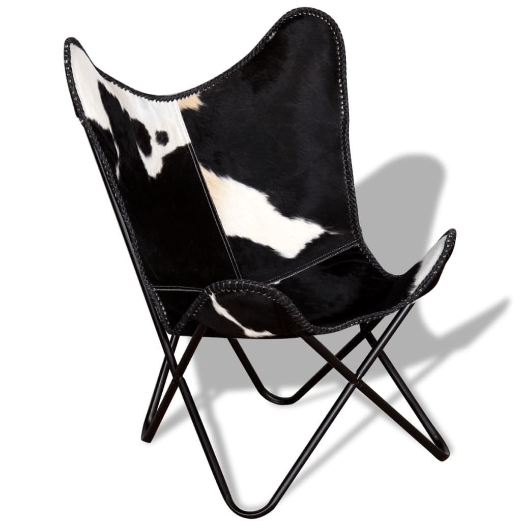 vidaXL Butterfly Chair Black and White Real Cowhide Leather