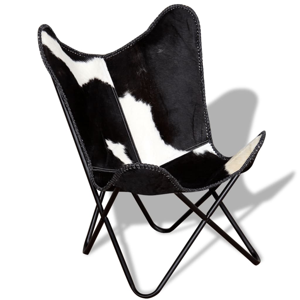 vidaXL Butterfly Chair Black and White Real Cowhide Leather