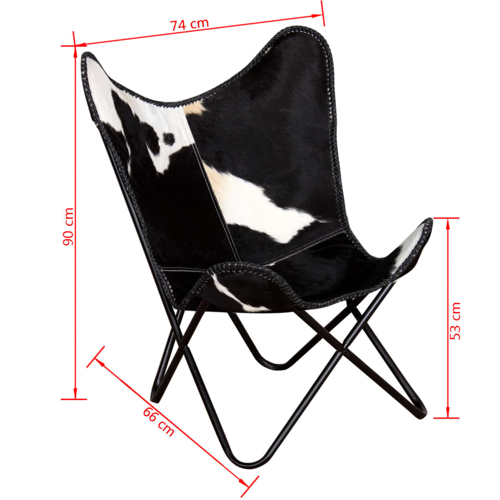 vidaXL Butterfly Chair Black and White Real Cowhide Leather