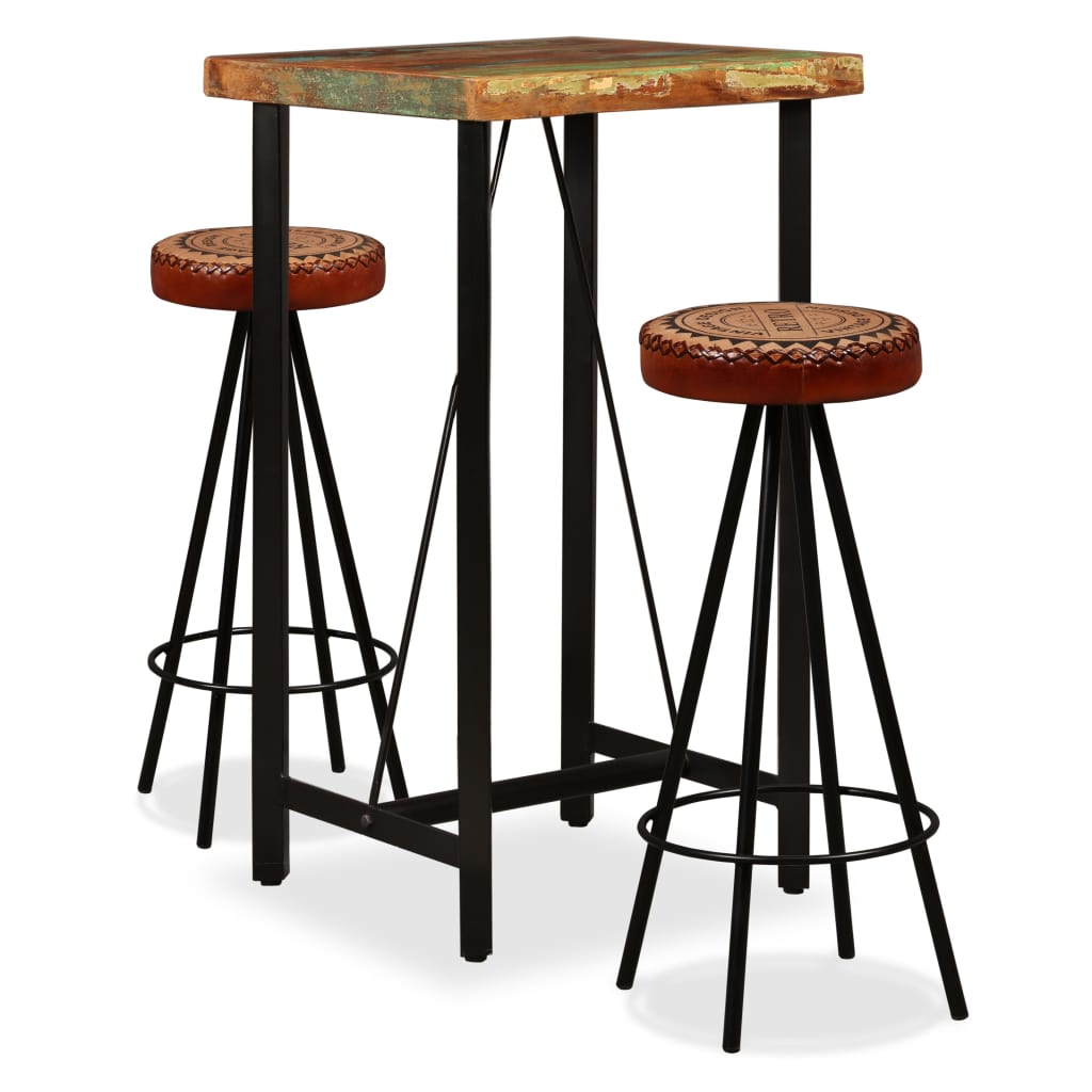 vidaXL Bar Set 3 Pieces Solid Reclaimed Wood, Genuine Leather & Canvas