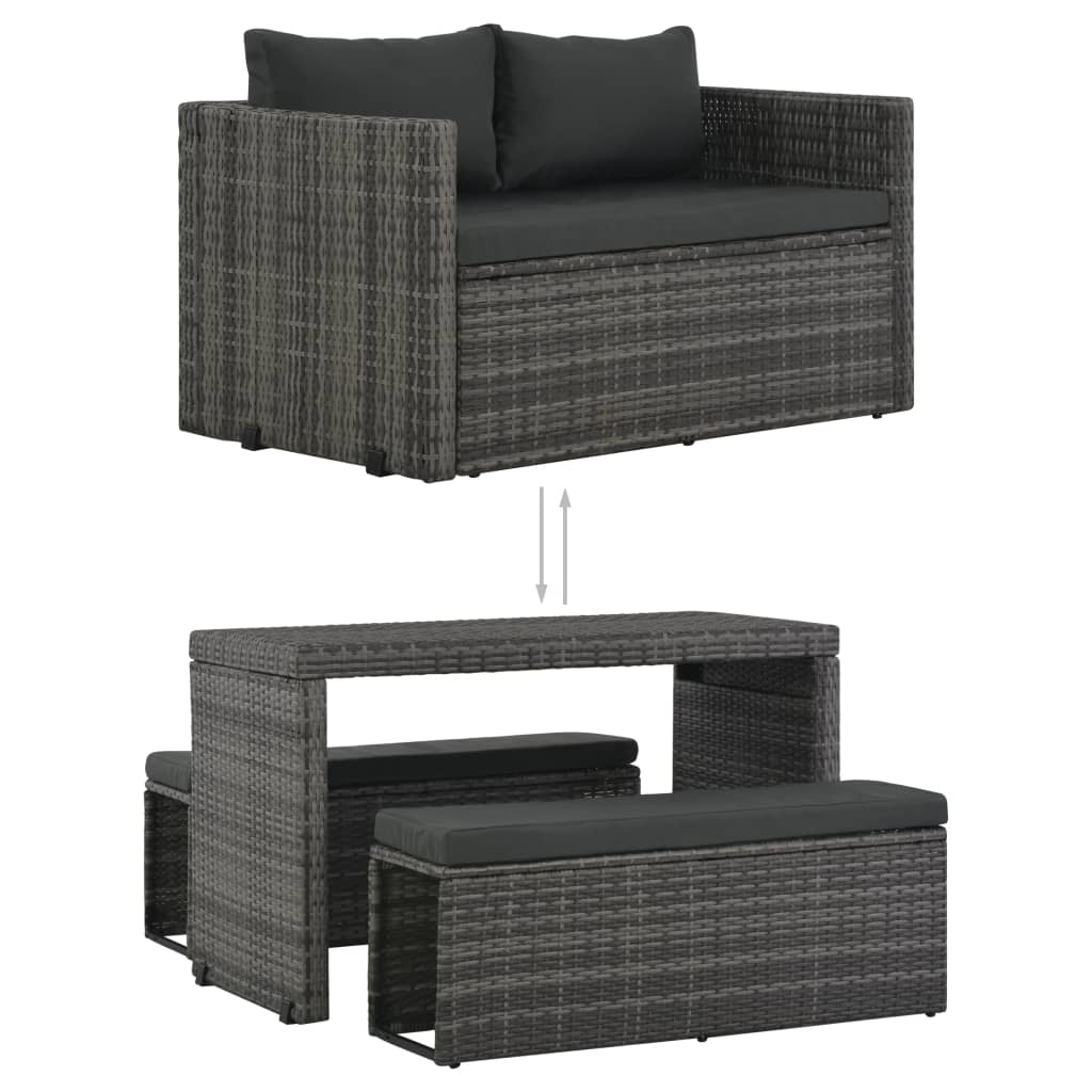 vidaXL 3 Piece Outdoor Dining Set with Cushions Poly Rattan Grey