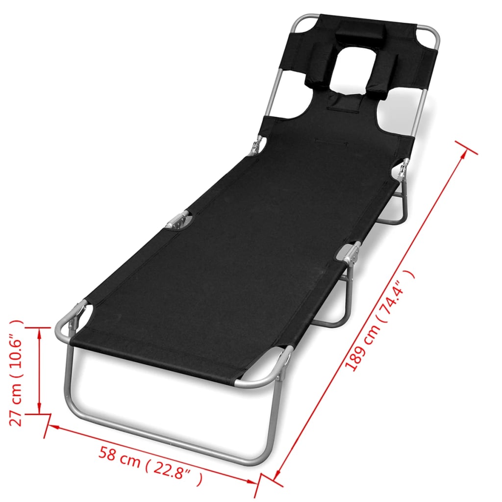 vidaXL Folding Sun Lounger with Head Cushion Powder-coated Steel Black