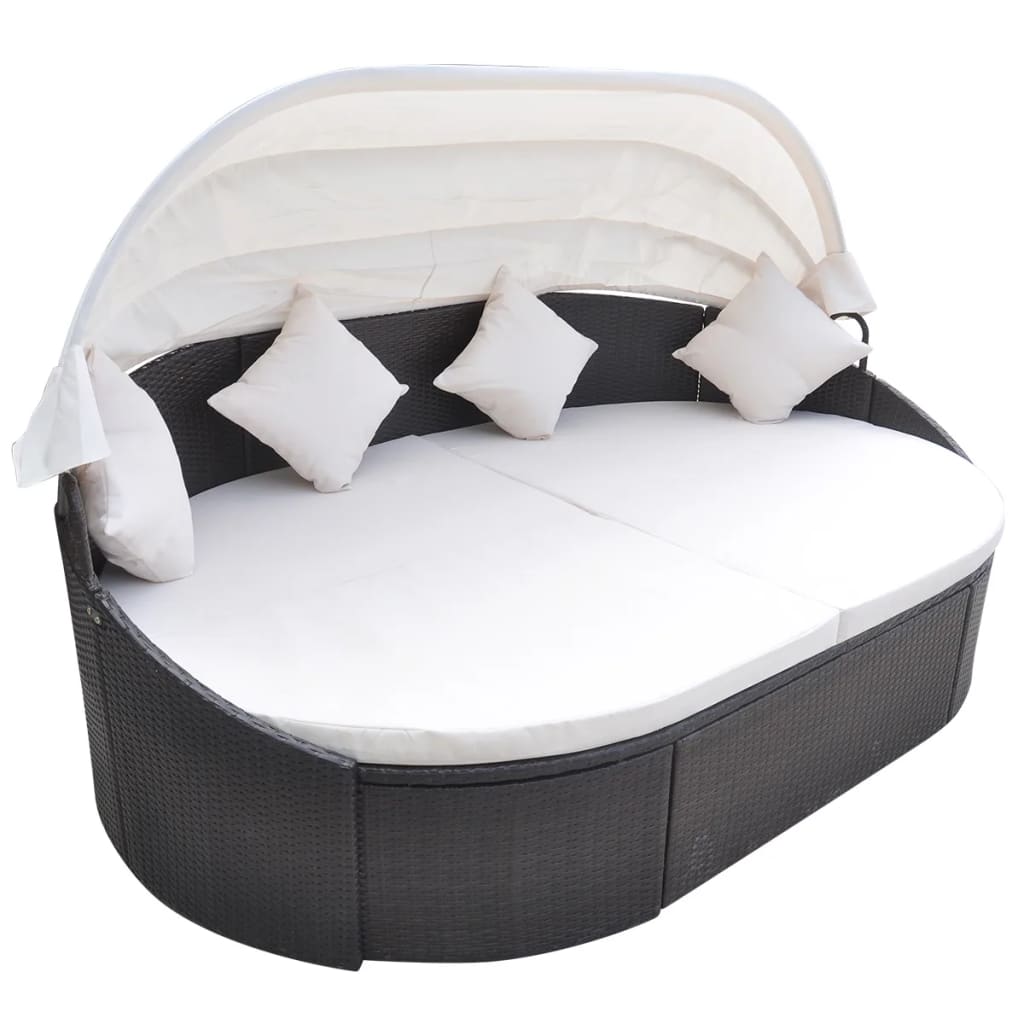 vidaXL Outdoor Lounge Bed with Canopy Poly Rattan Black