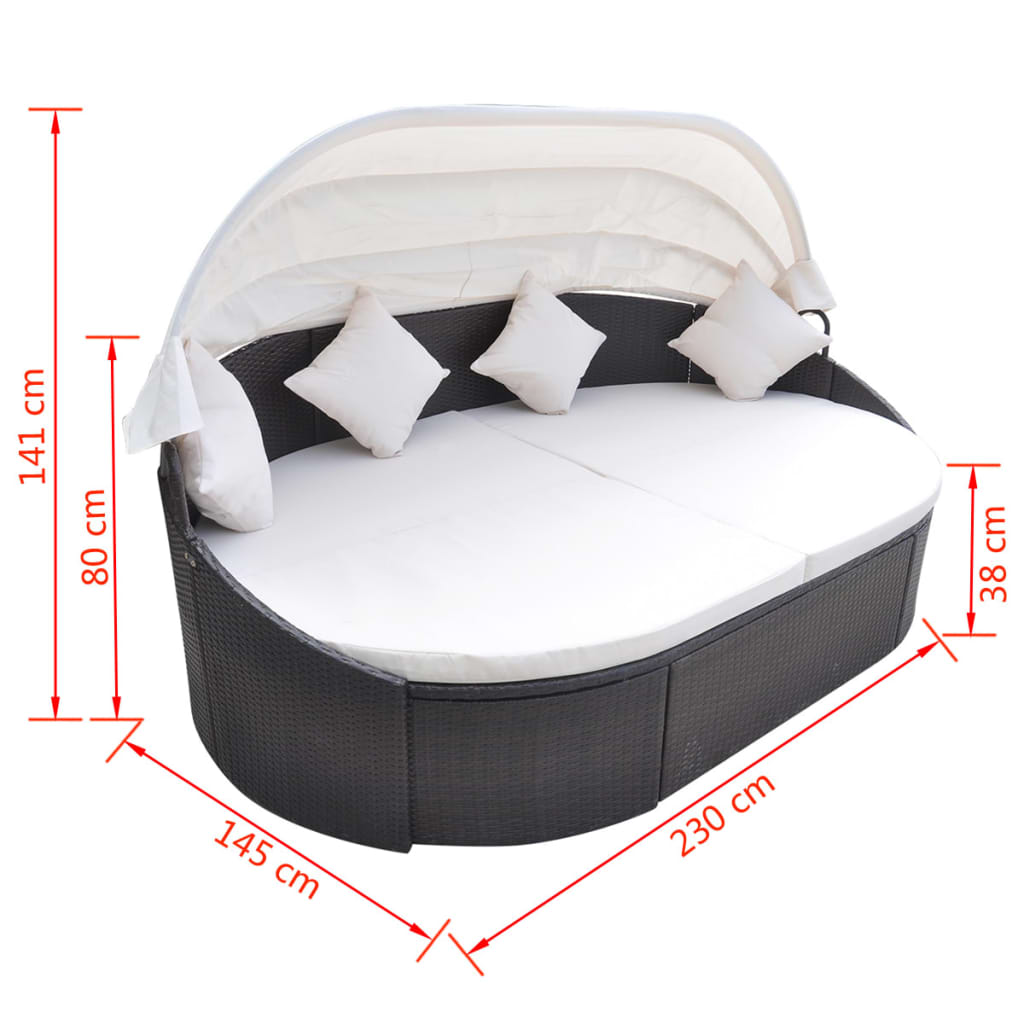 vidaXL Outdoor Lounge Bed with Canopy Poly Rattan Black