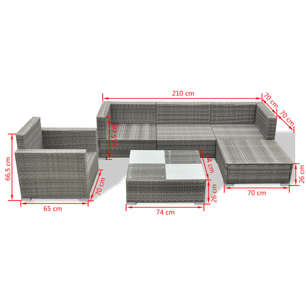 vidaXL 6 Piece Garden Lounge Set with Cushions Poly Rattan Grey