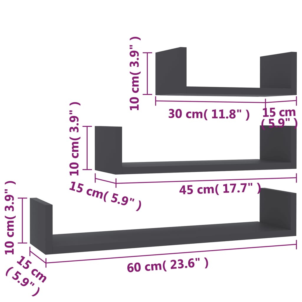 vidaXL Wall Display Shelf 3 pcs Black Engineered Wood