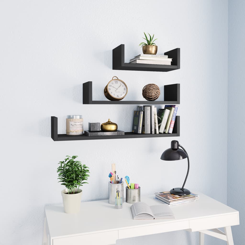 vidaXL Wall Display Shelf 3 pcs Black Engineered Wood