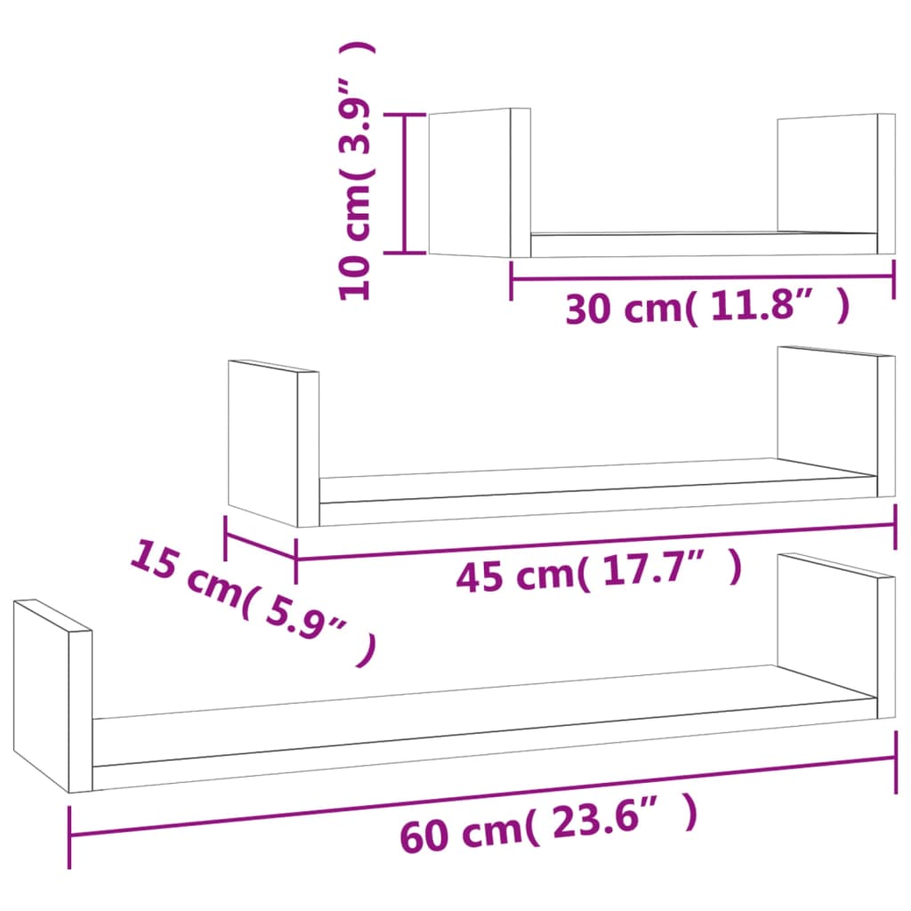 vidaXL Wall Display Shelf 3 pcs Black Engineered Wood