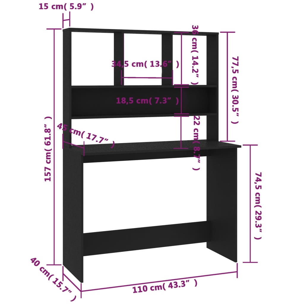 vidaXL Desk with Shelf Black 110x45x157 cm Engineered Wood