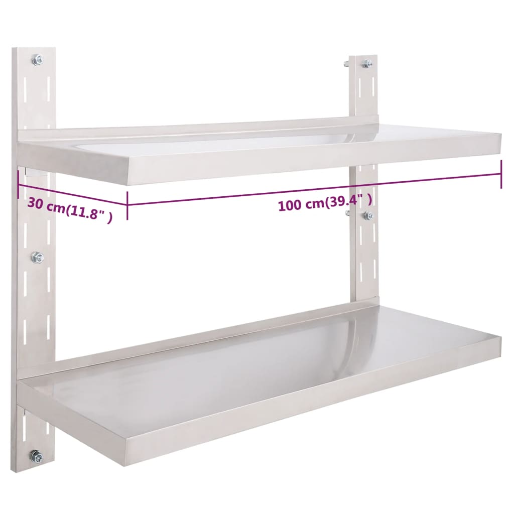 vidaXL 2-Tier Floating Wall Shelf Stainless Steel 100x30 cm