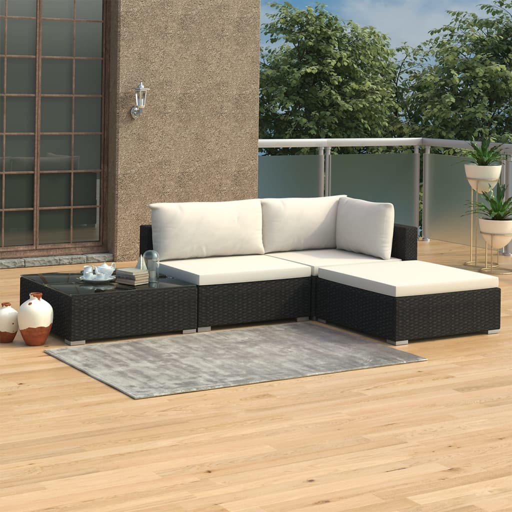 vidaXL 4 Piece Garden Lounge Set with Cushions Poly Rattan Black