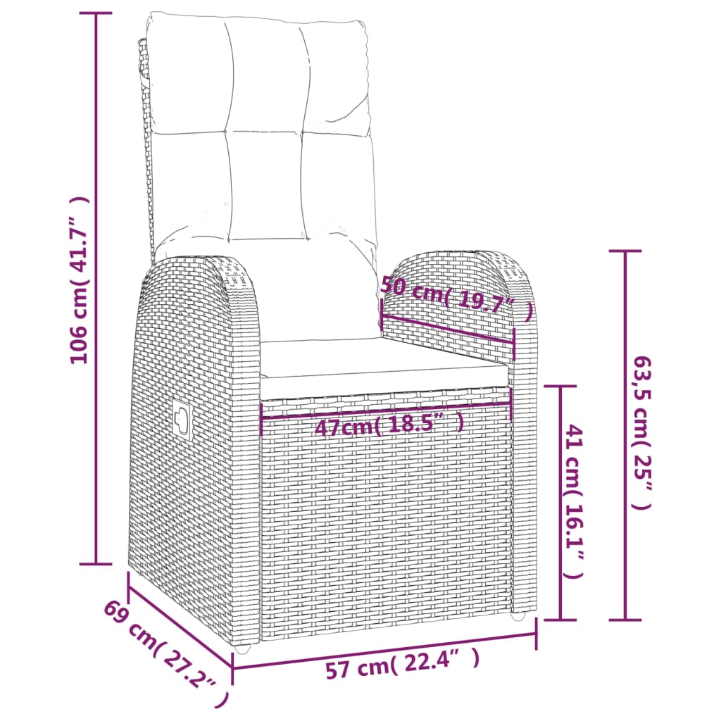 vidaXL Reclining Garden Chairs 2 pcs with Cushions Poly Rattan Black