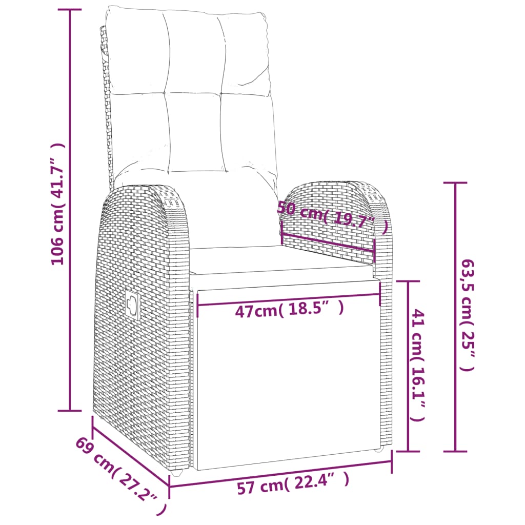 vidaXL Reclining Garden Chair with Cushion Poly Rattan Black