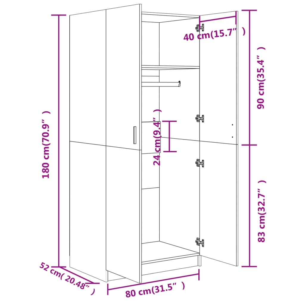 vidaXL Wardrobe Black 90x52x200 cm Engineered Wood