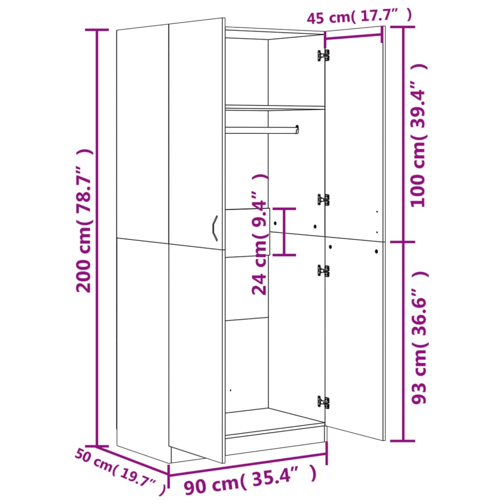 vidaXL Wardrobe Black 90x52x200 cm Engineered Wood