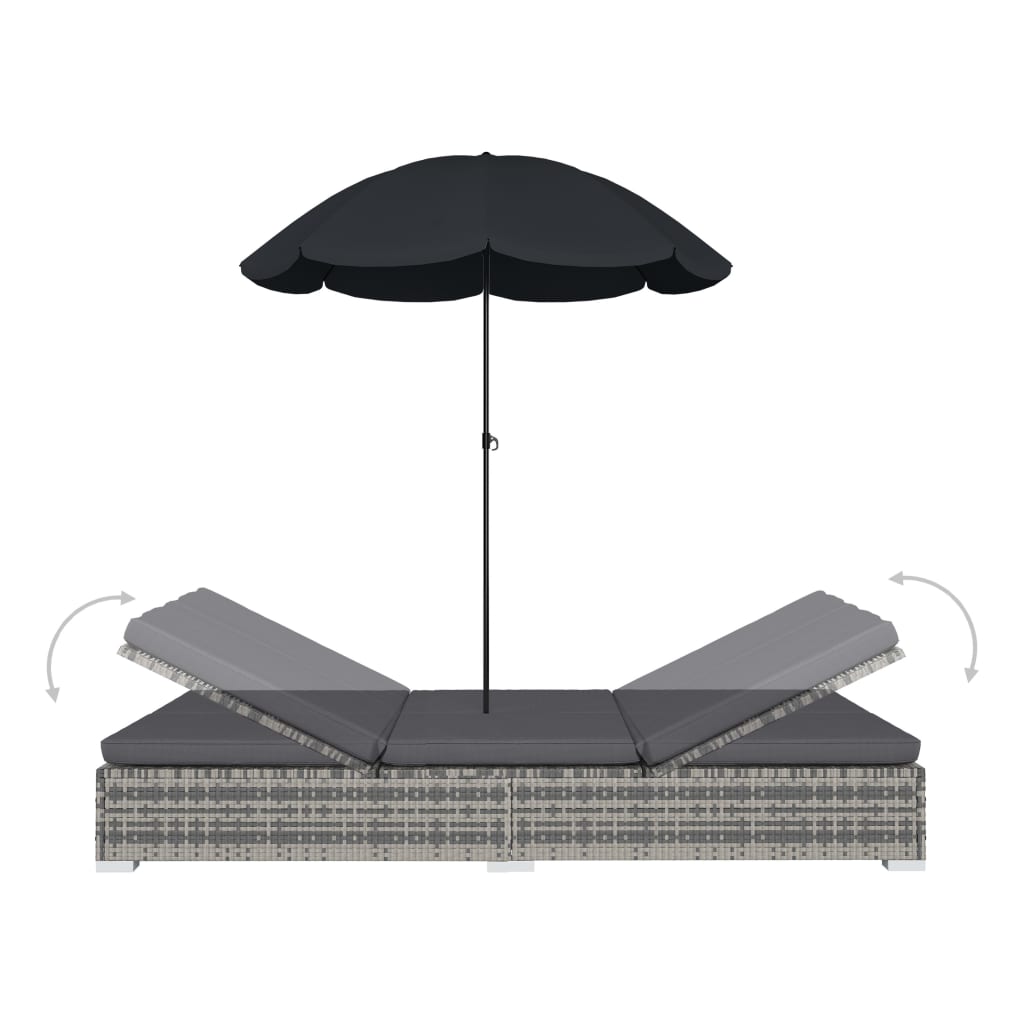 vidaXL Outdoor Lounge Bed with Umbrella Poly Rattan Grey