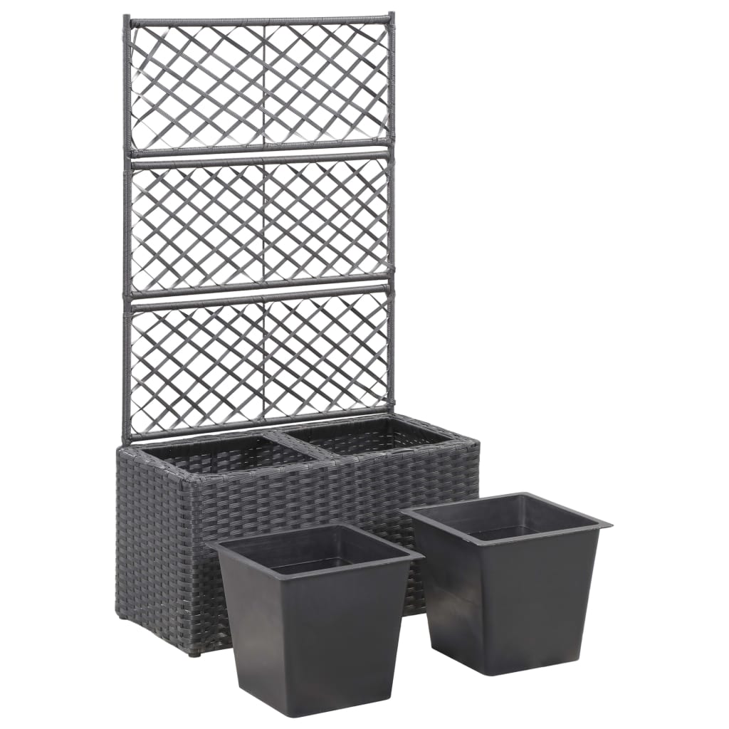 vidaXL Trellis Raised Bed with 2 Pots 58x30x107 cm Poly Rattan Black