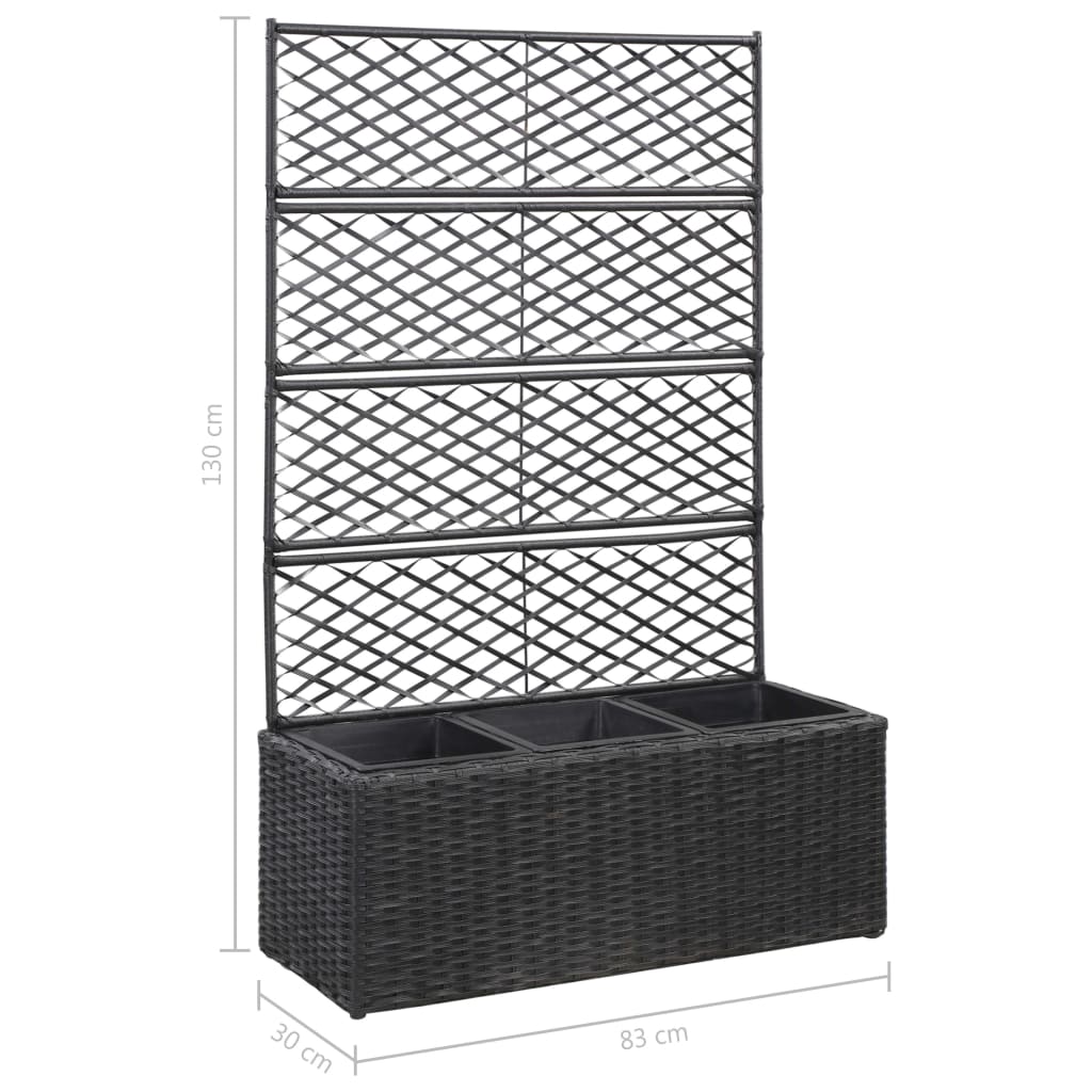 vidaXL Trellis Raised Bed with 3 Pots 83x30x130 cm Poly Rattan Black