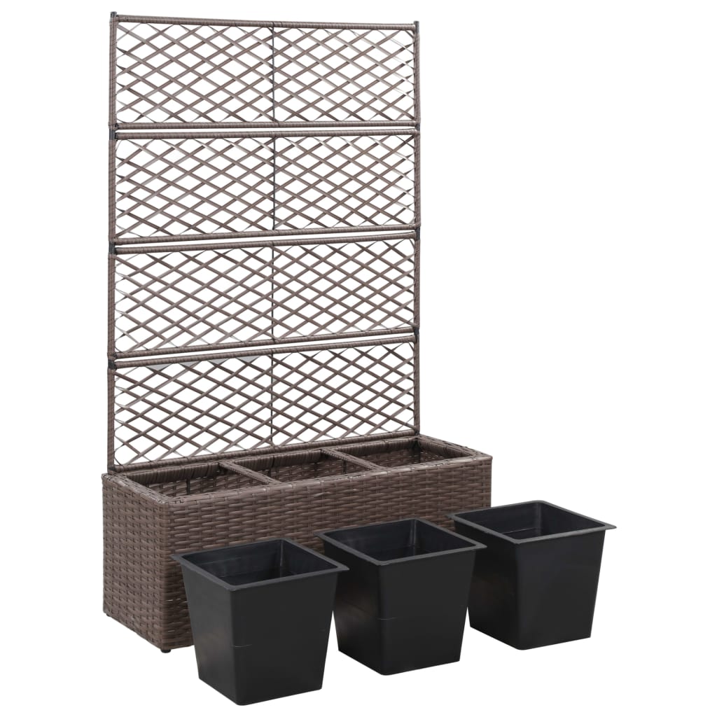 vidaXL Trellis Raised Bed with 3 Pots 83x30x130 cm Poly Rattan Brown