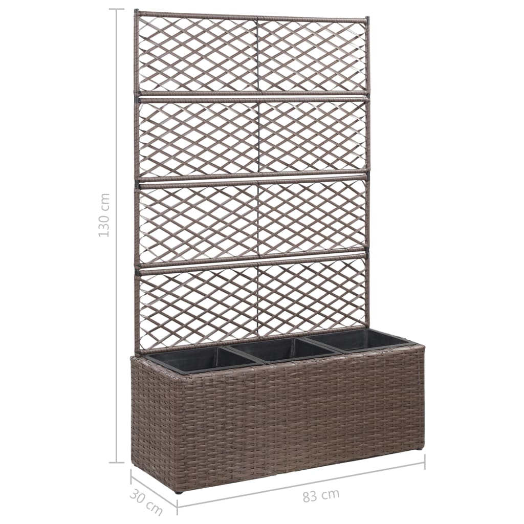 vidaXL Trellis Raised Bed with 3 Pots 83x30x130 cm Poly Rattan Brown