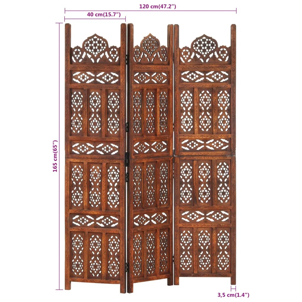 vidaXL Hand carved 3-Panel Room Divider Brown 120x165 cm Solid Mango Wood